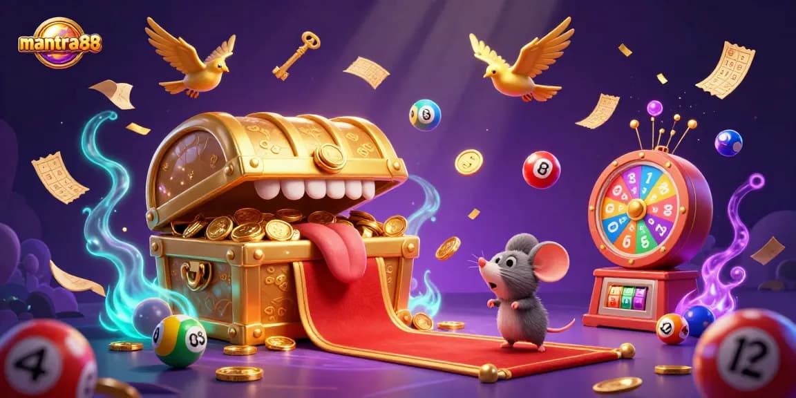 Experience the thrill of mantra88 with fun and vibrant lottery and casino elements in a captivating 3D scene.