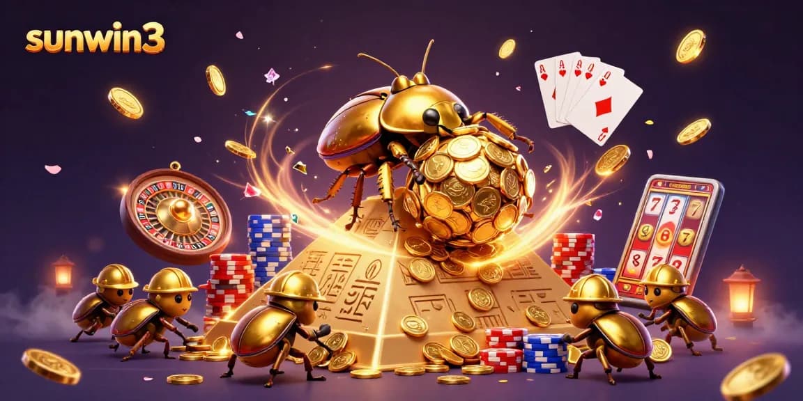 Experience the excitement of sunwin3 with a massive golden beetle rolling coins up a pyramid amidst vibrant casino elements.