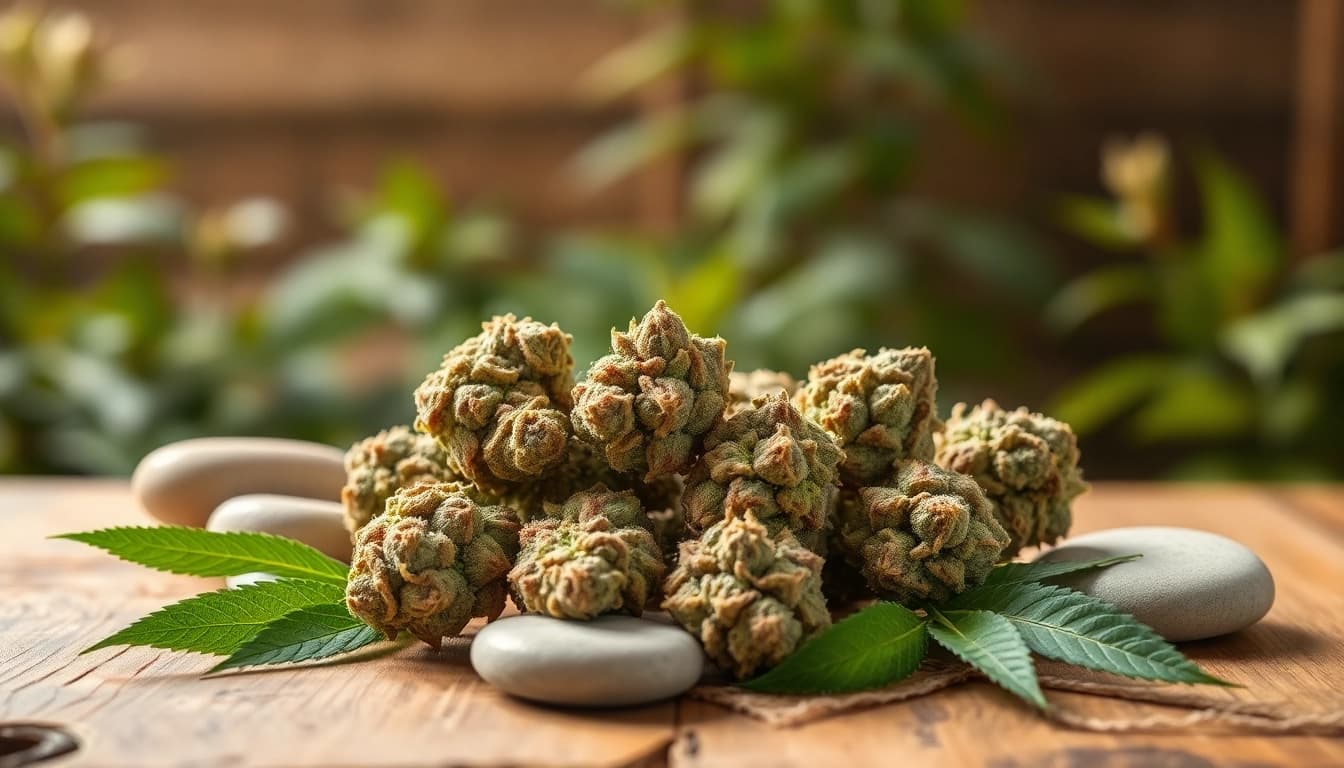Mental Wellness CBD buds elegantly arranged with natural elements, showcasing their calming qualities.