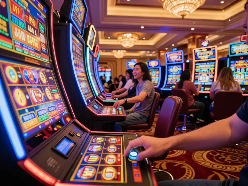 Experience the thrill of slot bet kecil with players engaged in exciting gameplay at a colorful casino.