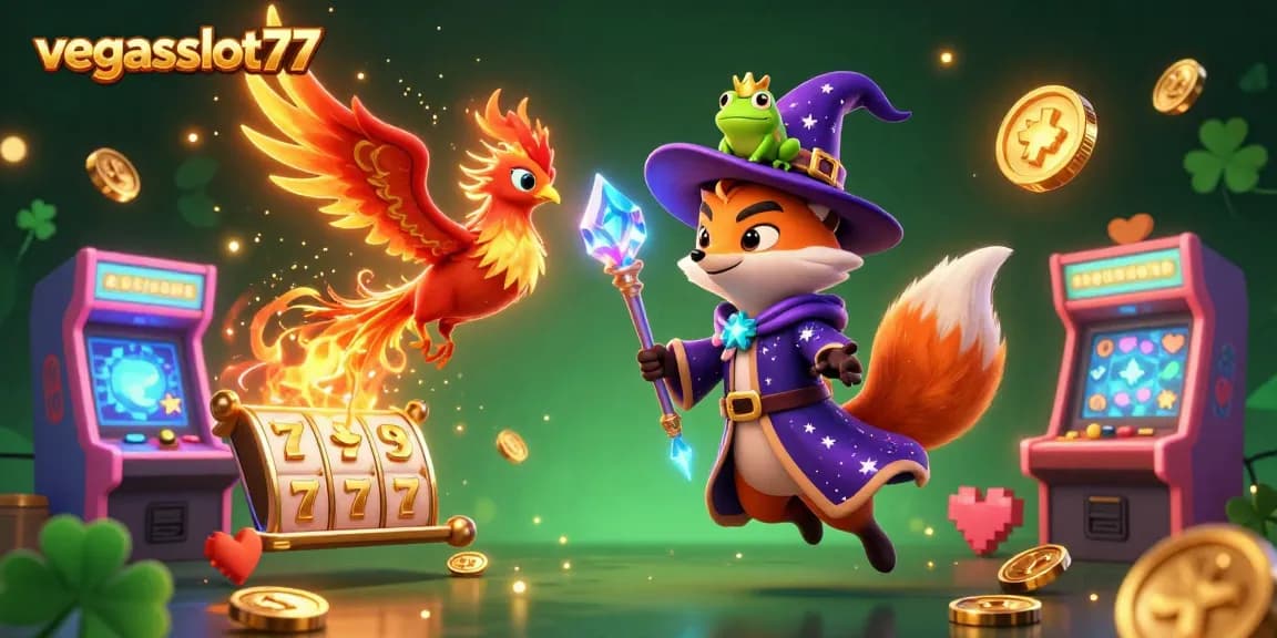 Experience the magic of vegasslot77 with a mystical fox, phoenix, and vibrant casino elements.