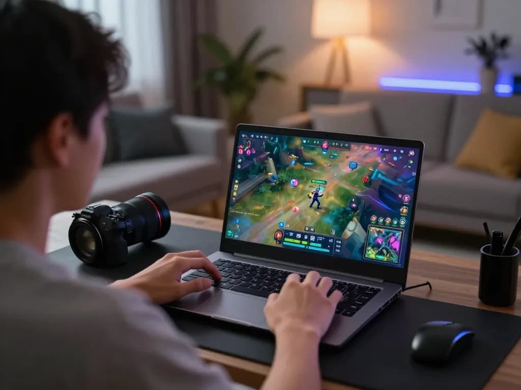 Engaging in nsfw games mod on laptop showcasing colorful gameplay interface and ambient lighting.