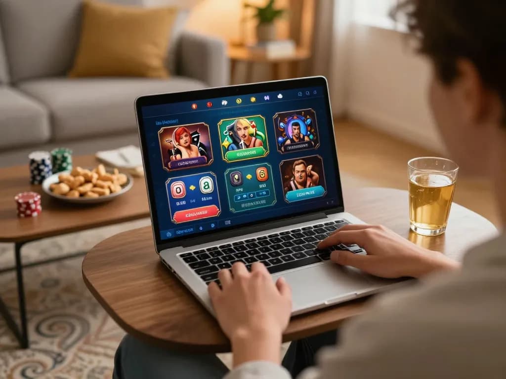 Engaging in online gaming at home with fly88 on a laptop, showcasing strategic play.