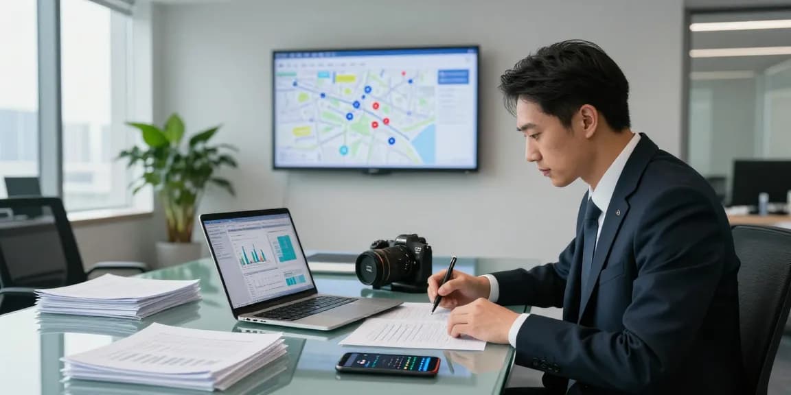 Asset tracing professional analyzing documents and financial data in a modern office setting
