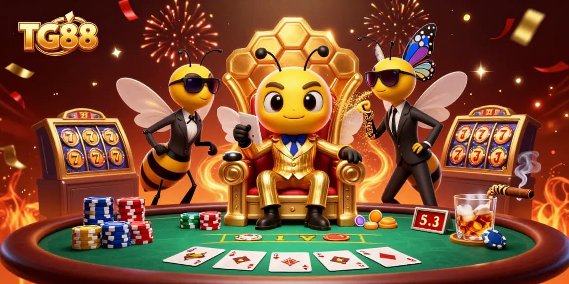 Experience the excitement of TG88's gaming world with a vivid illustration of a buzzing bumblebee mob boss in a rich casino setting.