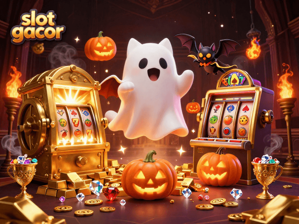 Experience the thrilling atmosphere of slot gacor with this dynamic casino illustration showcasing a ghost cat and treasures.