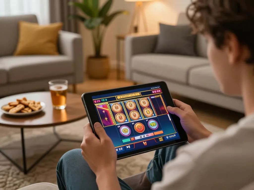 Engaging in a thrilling gtatogel online slot game in a cozy living room