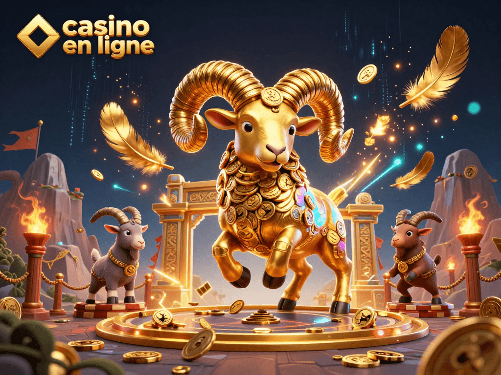 Casino en ligne : une illustration dynamique d'un bélier doré et de chèvres de montagne jouant à des jeux d'argent.
