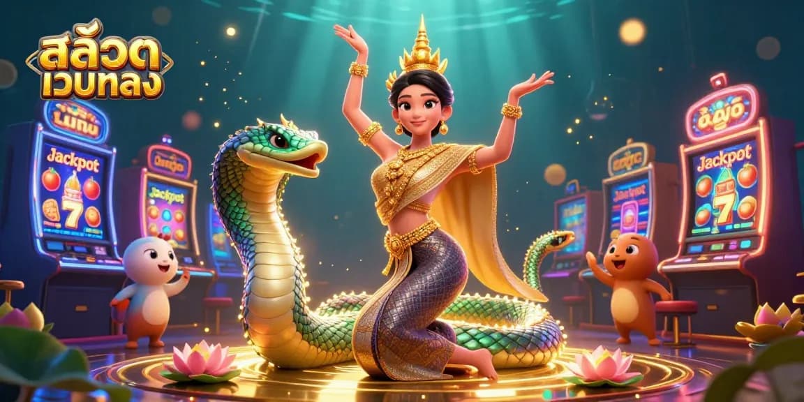 Win big with สล็อตเว็บตรง in this vibrant 3D illustration featuring a Thai dancer and gaming elements.