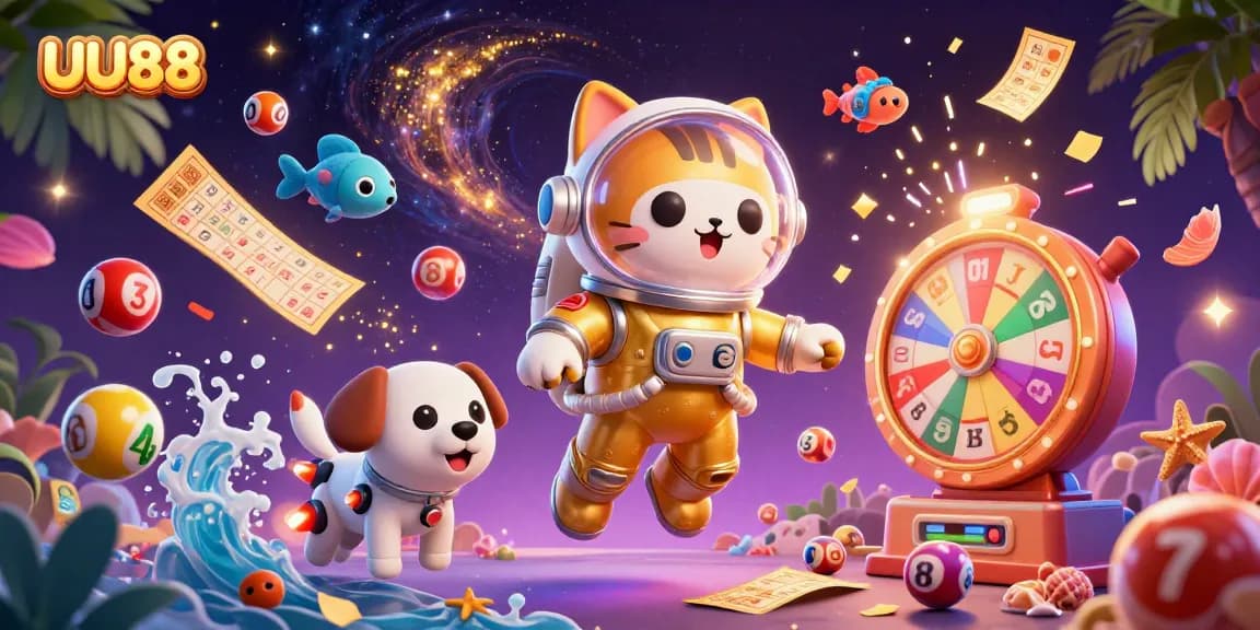 Join the thrilling excitement of UU88 with a dynamic scene of gameplay and colorful lottery elements.