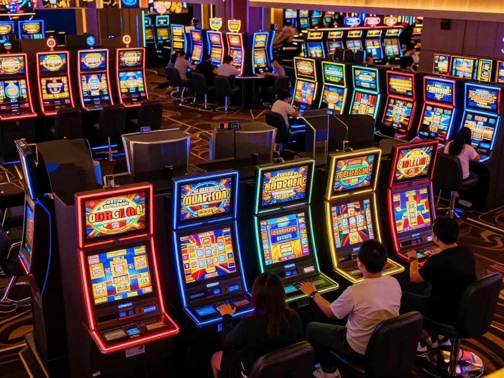 Players enjoying intense gameplay at slot gacor machines in a lively casino atmosphere