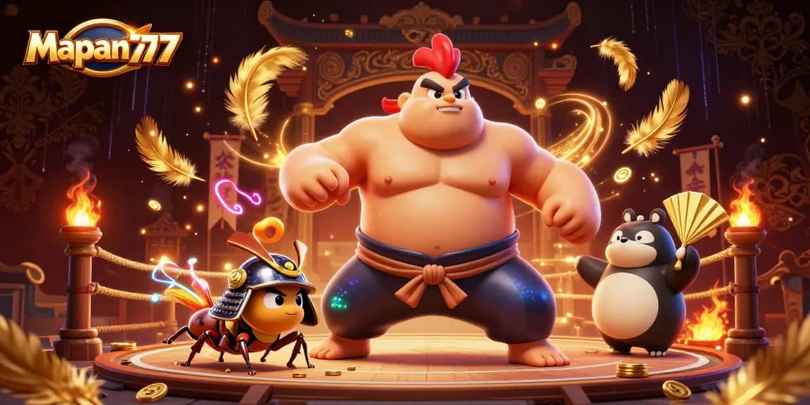 Mapan777 offers thrilling battles between a sumo rooster and a samurai cricket in a vibrant casino arena.