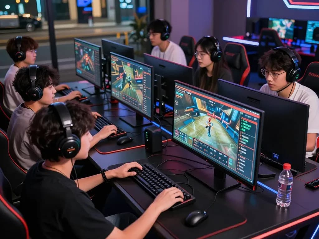 Young adults engaging in esports betting Singapore at a high-tech setup with live match displays and betting odds.