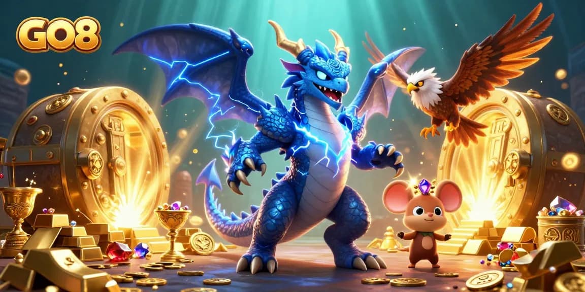 Join the excitement of GO8's gaming world with electrifying characters and treasures illustrating thrilling bet opportunities.