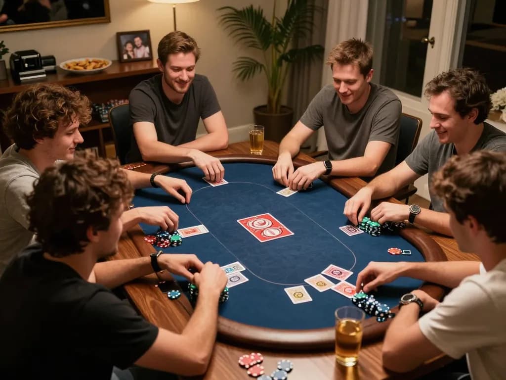Sahabat yang terlibat menikmati permainan poker santai, memasang taruhan dengan semangat di rumah mereka, menampilkan sisi sosial dari perjudian dan strategi.