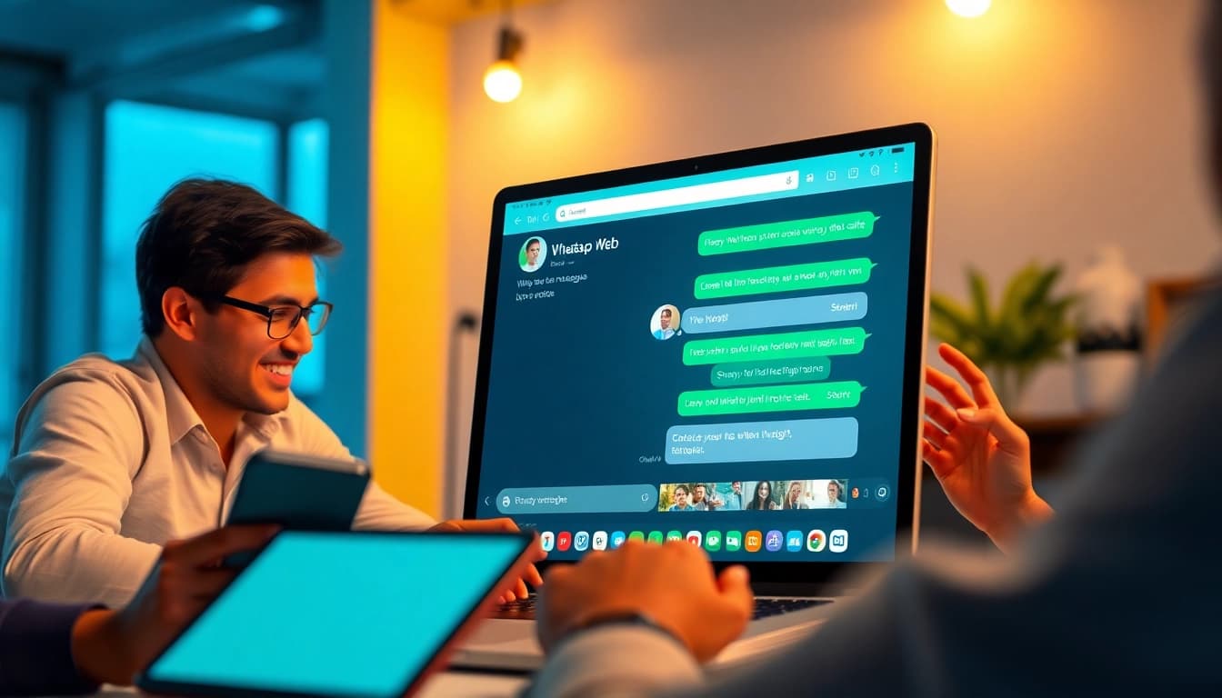 在快连官网体验 WhatsApp Web 的功能，展示消息、语音/视频通话以及位置共享等互动数字环境。