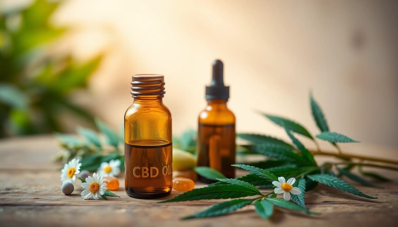 Highlighting CBD oil and gummies, this still life captures wellness products on a wooden surface.