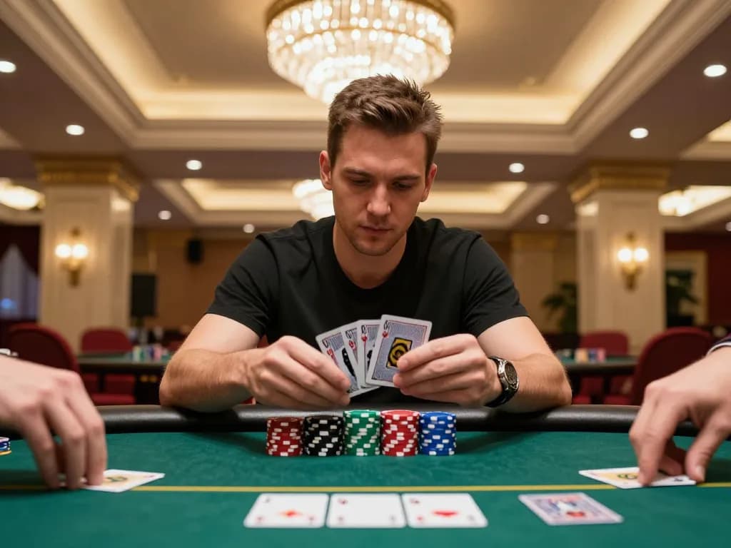 The hidden wiki reveals poker strategies as a player analyzes cards in an upscale casino.