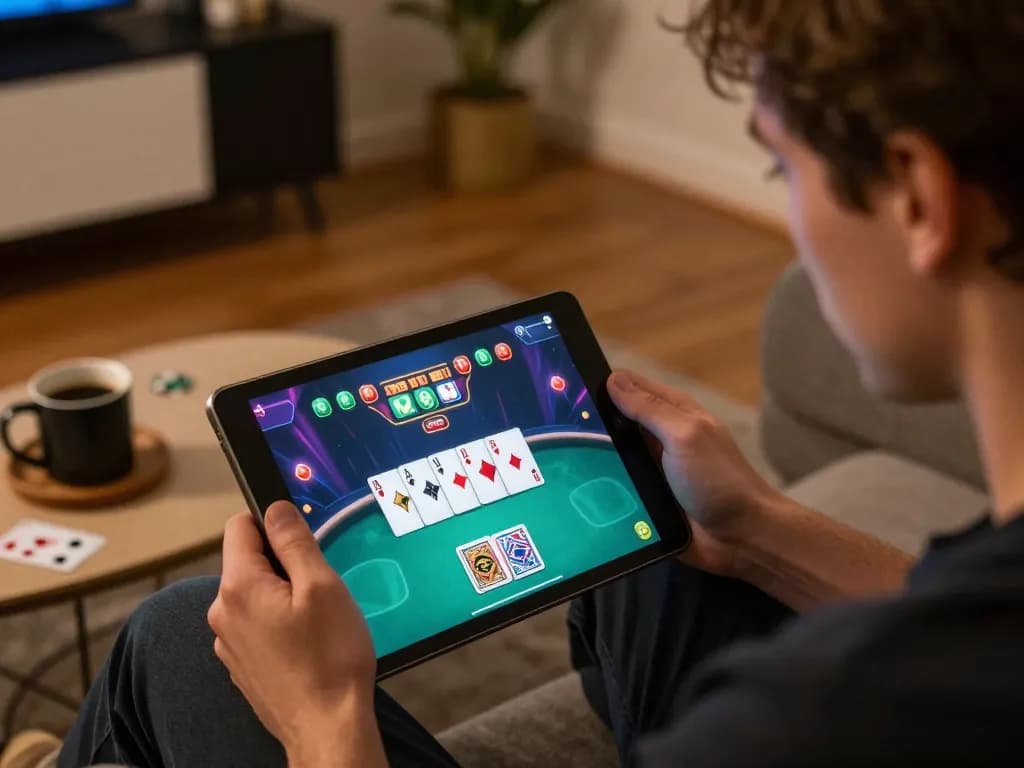 Player enjoying online poker on tablet at home, immersed in 888NEW gaming experience