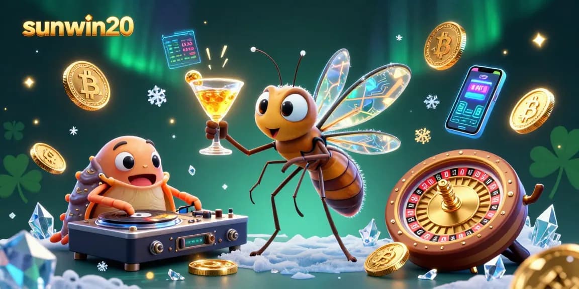 Engage with sunwin20, a vibrant casino scene featuring a cartoon mosquito mascot and DJ elements.