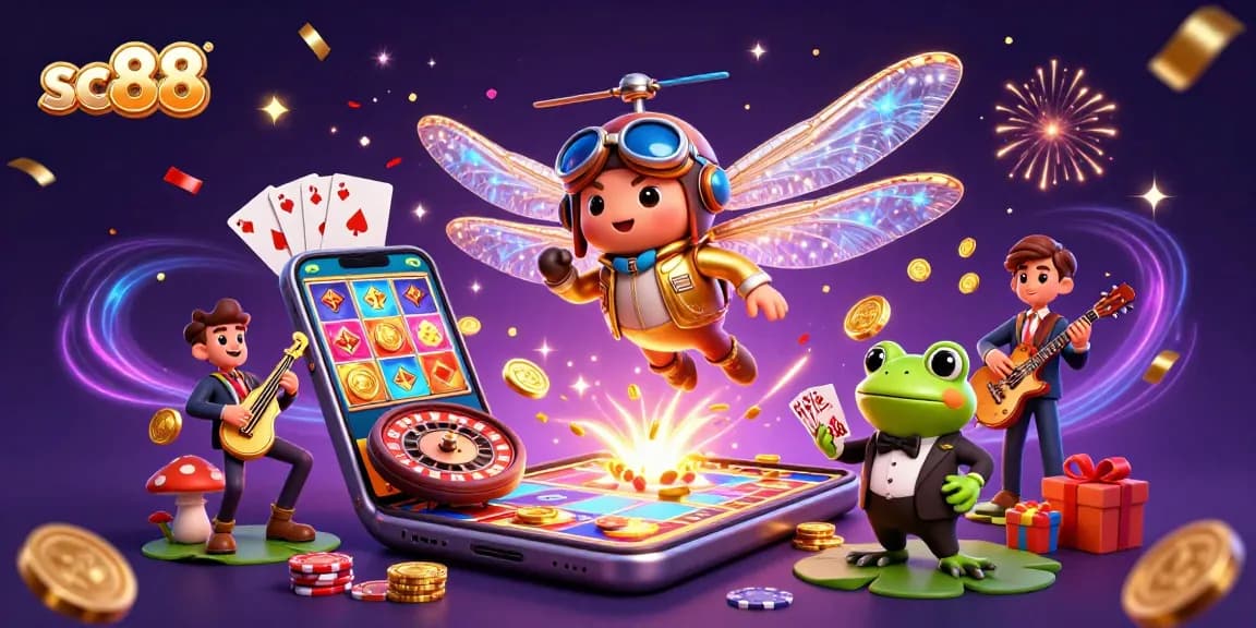 Engage with exciting sc88 gaming elements as the dragonfly pilot and frog croupier create a lively casino scene.