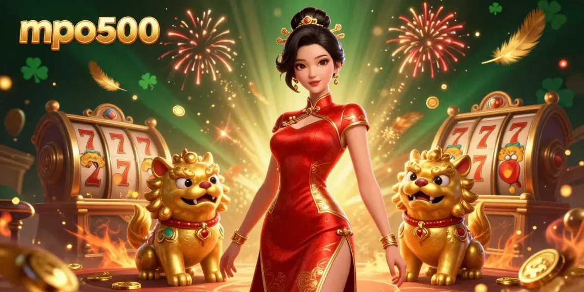 Experience the excitement of mpo500 with a glamorous Asian woman and golden foo dog guardians amid dynamic slot reels.