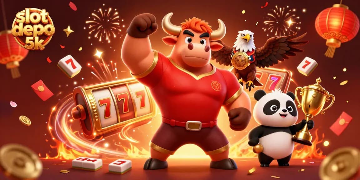 Win big with slot depo 5k! Celebrate with 3D characters, slot reels, and vibrant casino elements.