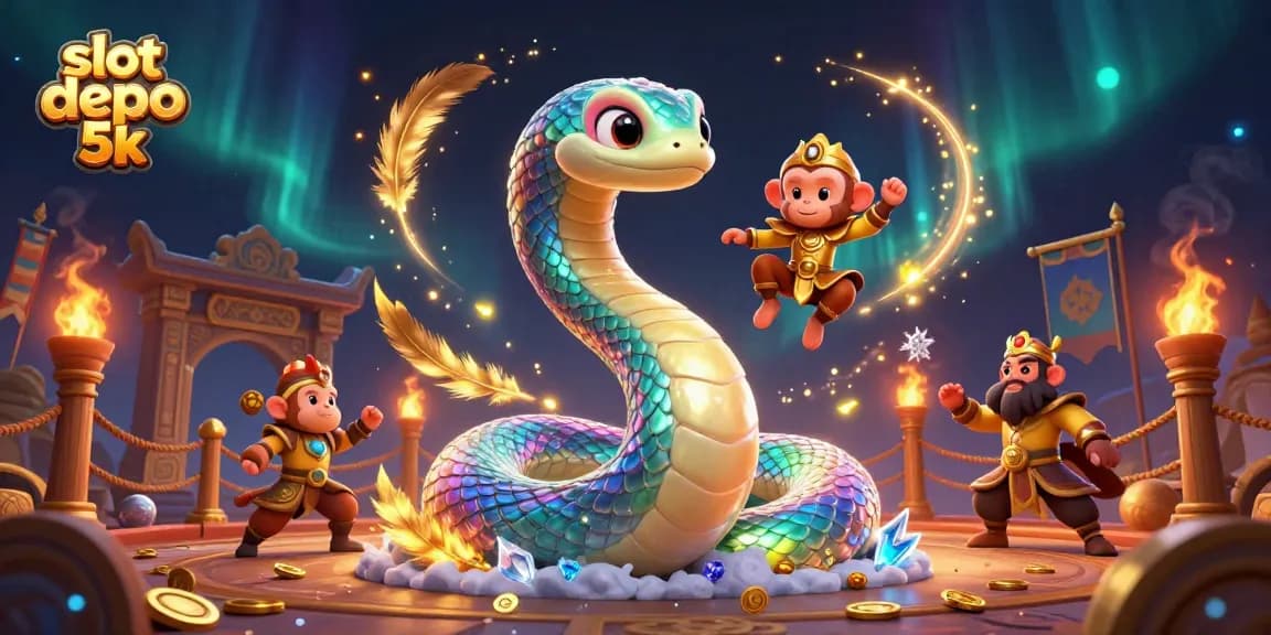 Experience thrilling gameplay at slot depo 5k with a mesmerizing rainbow serpent and gold coins.