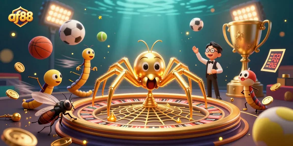 Experience thrilling bets at af88 with a golden spider spinning roulette and sports elements.