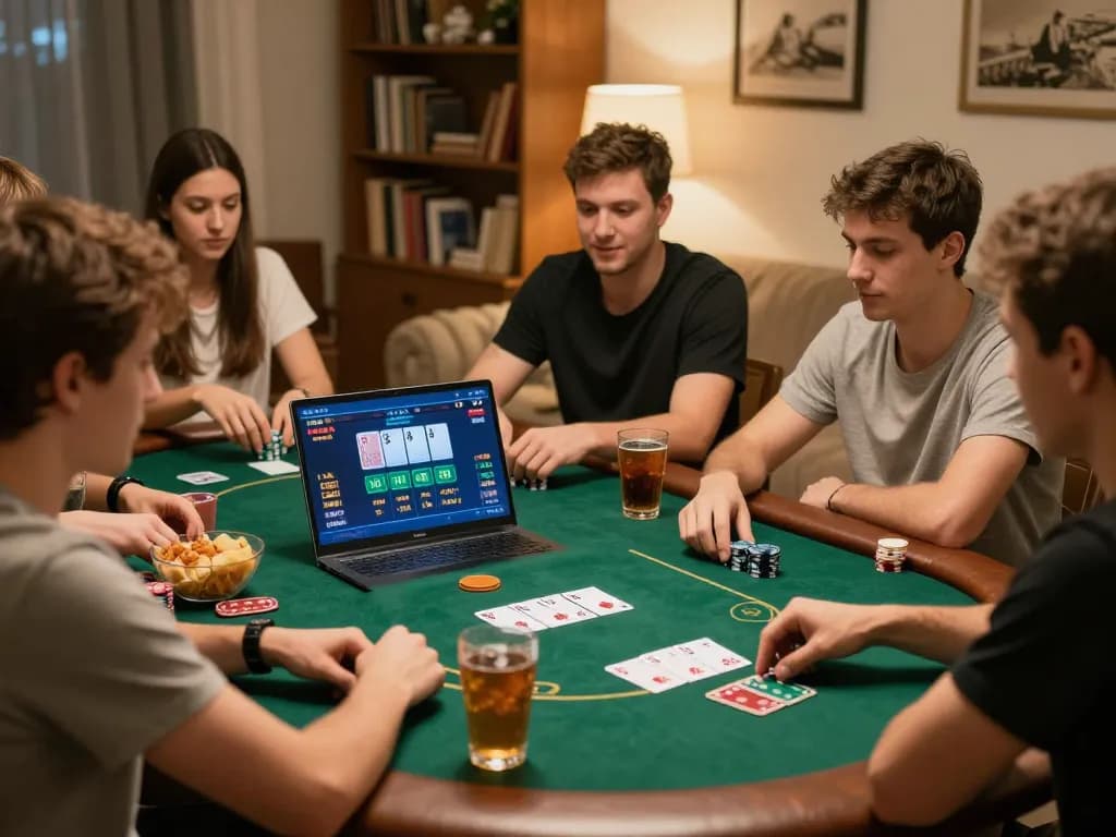 Engaged players enjoying online casino games at https://l567.tech/, showcasing a social poker night atmosphere