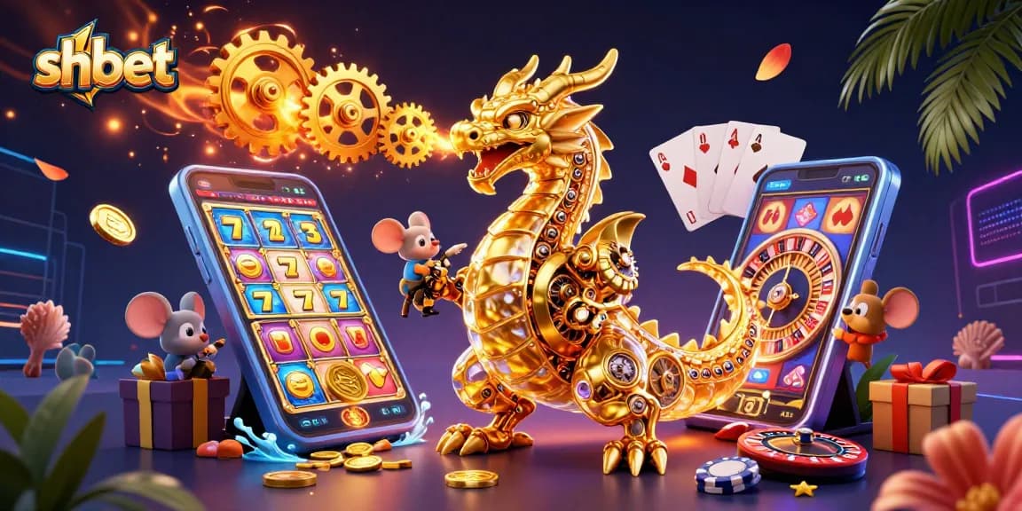Engage with shbet's exciting games featuring a golden dragon and animated slot reels.