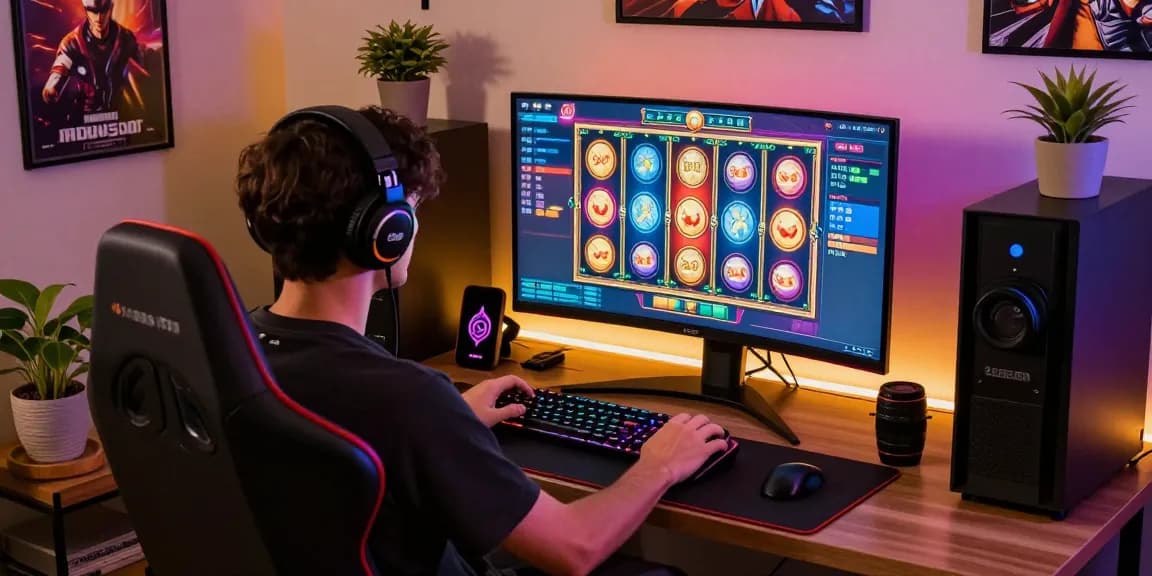 Engaging slot depo 1000 gaming scene with a player in a modern setup.