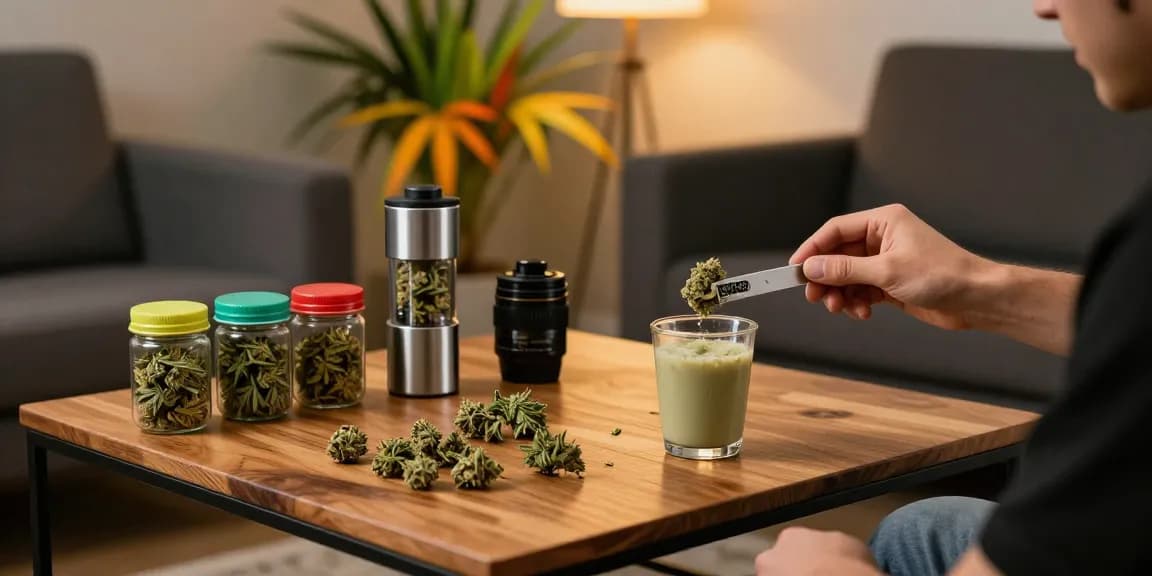 Creating stardawg shake with cannabis trim in a cozy workspace, showcasing jars, grinders, and vibrant plants.