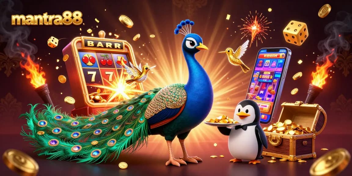 Experience mantra88's exciting games with a dazzling peacock, butler penguin, and hummingbird in a vibrant casino scene.