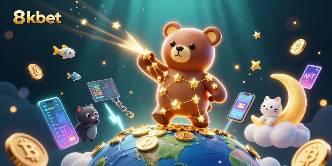 Engage with 8kbet while exploring a vibrant 3D casino universe, filled with crypto elements.