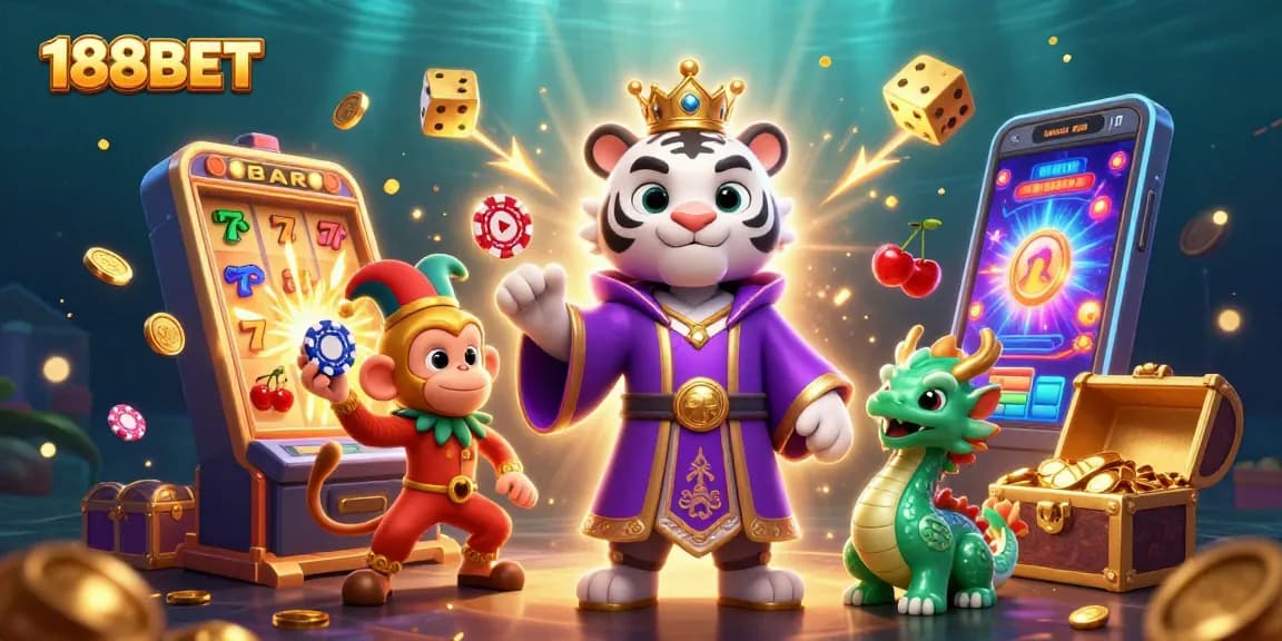 Experience the excitement of 188BET with a majestic scene of a royal white tiger and playful monkey in a colorful casino.