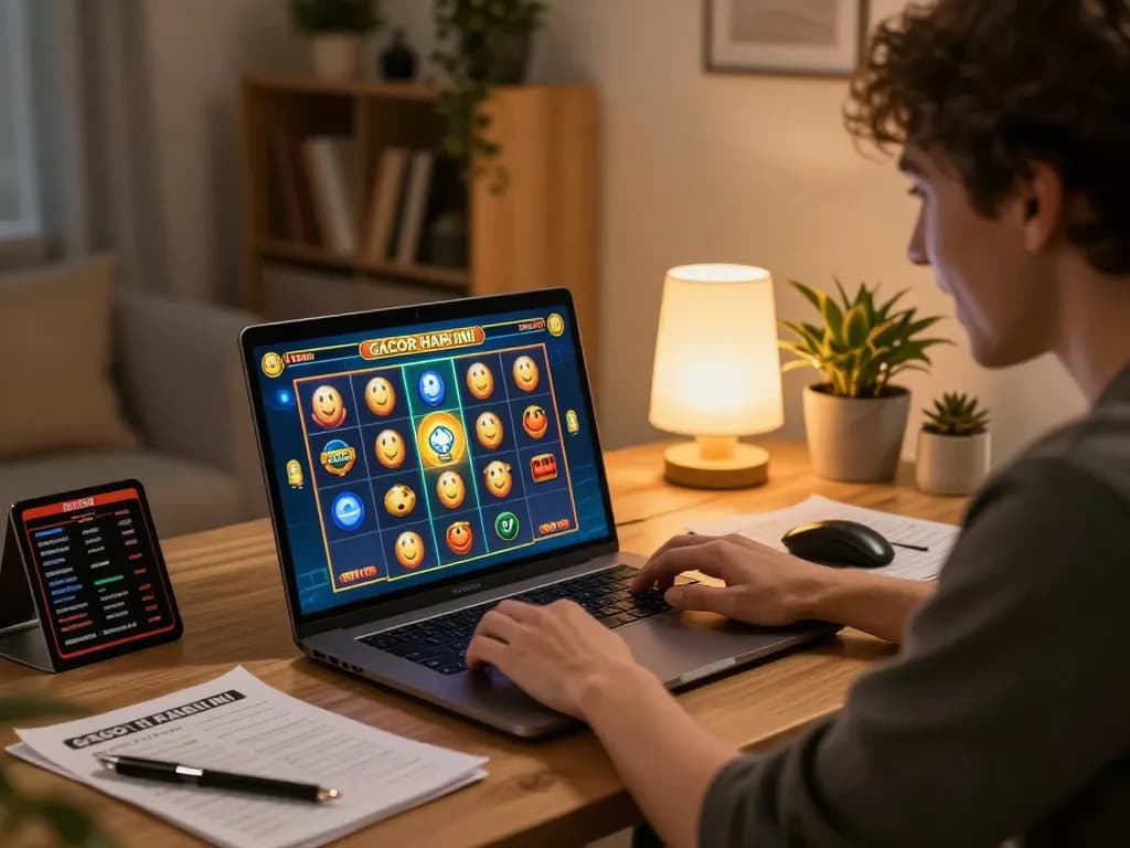 Player enjoys slot gacor hari ini excitement on laptop, highlighting online gambling action in a cozy setting.