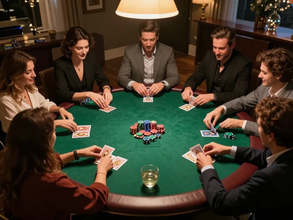 Friends enjoying a home poker night, with dynamic gameplay representing bj886 in a cozy environment.