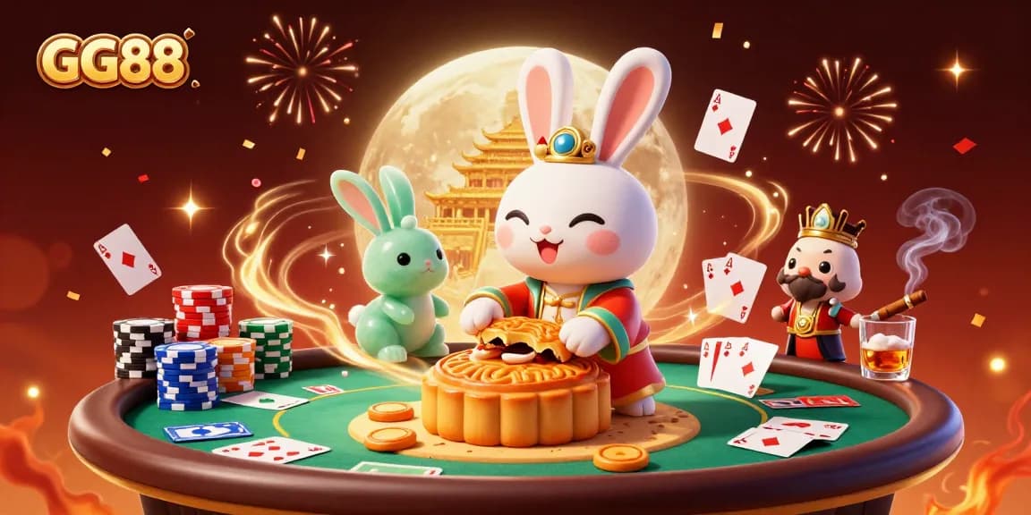 Experience GG88's thrilling poker ambiance with the moon rabbit surrounded by vibrant casino elements.