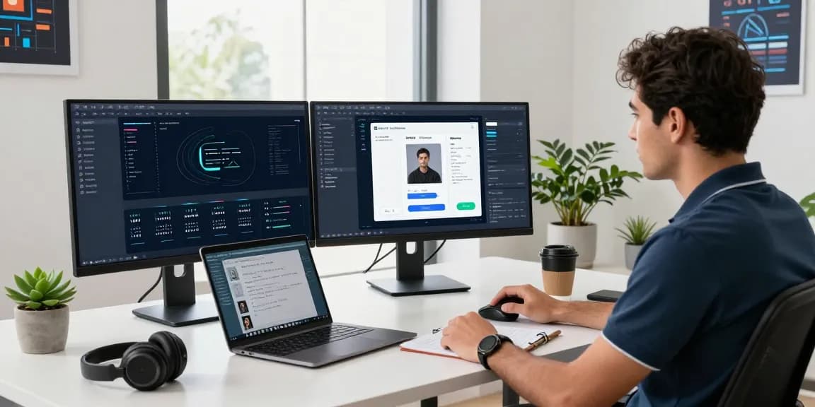 AI image detector interface displayed on monitors in a modern tech workspace