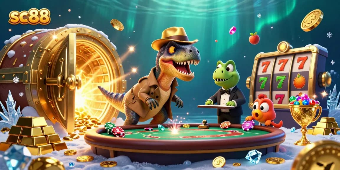 Experience the excitement of sc88 at a dynamic blackjack table with a sneaky velociraptor and treasure elements.