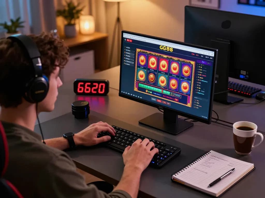 Engaging in online gaming at trang chủ gg88 with a tablet, showcasing vibrant casino graphics and strategic notes