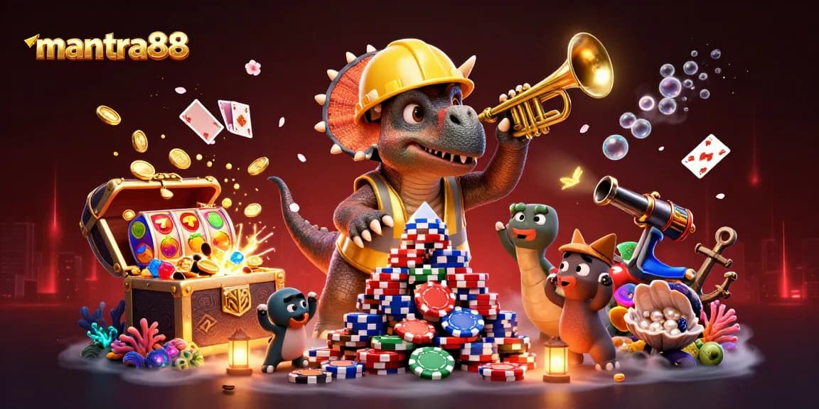 mantra88 showcases a vibrant scene with a triceratops celebrating casino wins among slot reels and treasure.