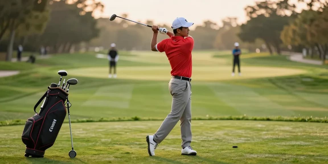 Golfer wearing 골프웨어 레플리카 on a beautiful golf course, showcasing premium style and elegance.