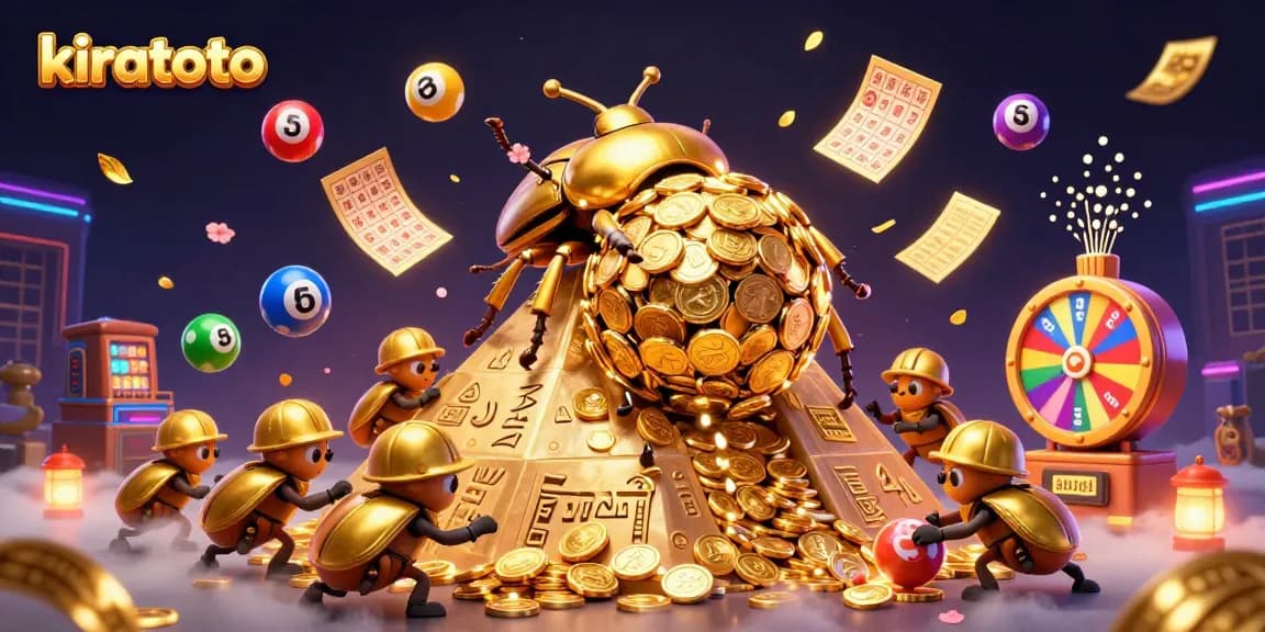 Experience big wins with kiratoto through a vibrant illustration featuring golden beetles and lottery elements.