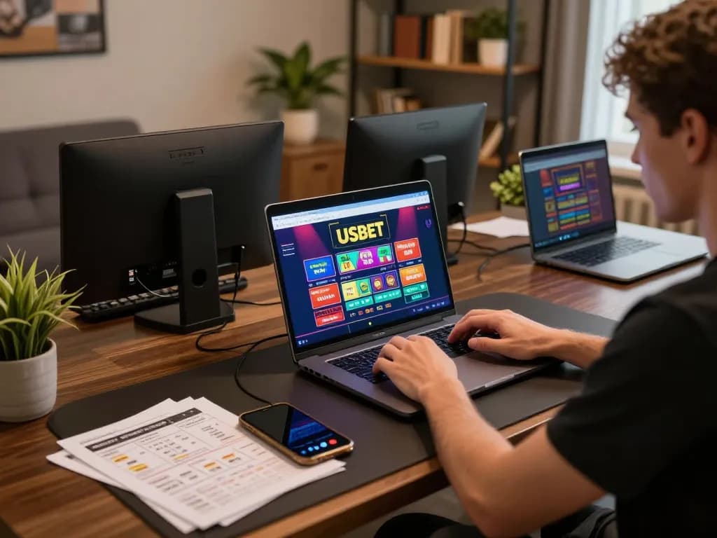 Engaging with USBET casino's online gaming on a stylish laptop at home, showcasing strategic bets.