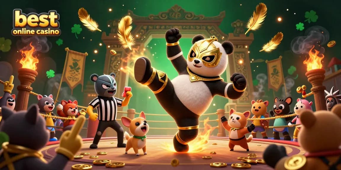 Exciting depiction of the best online casino experience with a panda wrestler and cheering animal crowd.