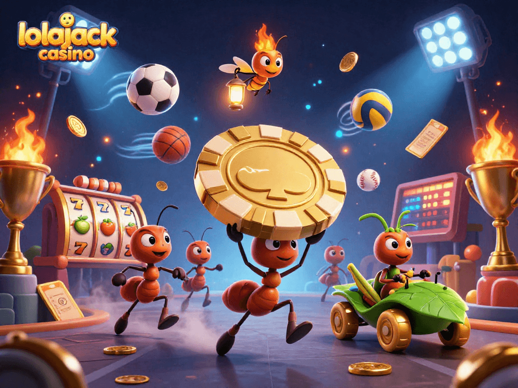 Experience the excitement of lolajack casino with ants orchestrating a heist for a giant poker chip amidst dynamic game elements.