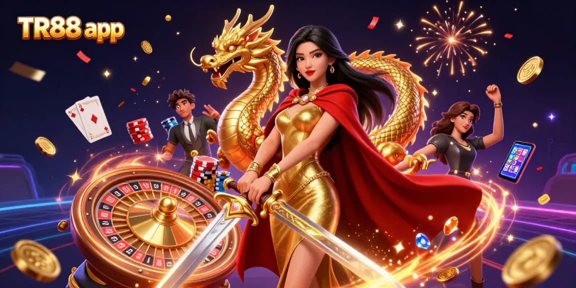 Experience the excitement of TR88 app with golden coins and captivating games in a vibrant 3D casino scene.