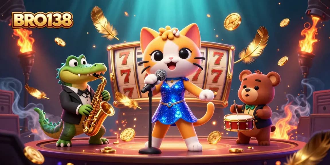BRO138 engaging slot game action with vibrant characters on dynamic casino stage, showcasing excitement and luxury.